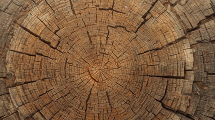 Fototapeta premium An aged tree stump exhibits concentric growth s with intricate cracks radiating from its center, showcasing the passage of time and nature's