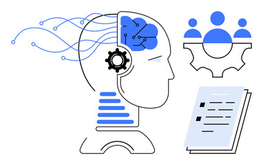 Human head with gears and neural connections, team collaboration gear icon, and document. Ideal for AI, teamwork, innovation, technology, machine learning data analysis computational thinking. A