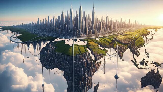 futuristic urbanized world map floats above fluffy clouds featuring towering skyscrapers intricate highways and green farmlands on its upper surface while dense cityscapes cling to its underside