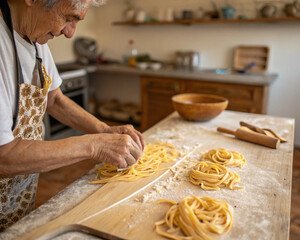 First-person view of hands making fresh pasta with an Italian nonna in a rustic kitchen. Gastronomic tourism, authentic cooking experience, and cultural learning concept.