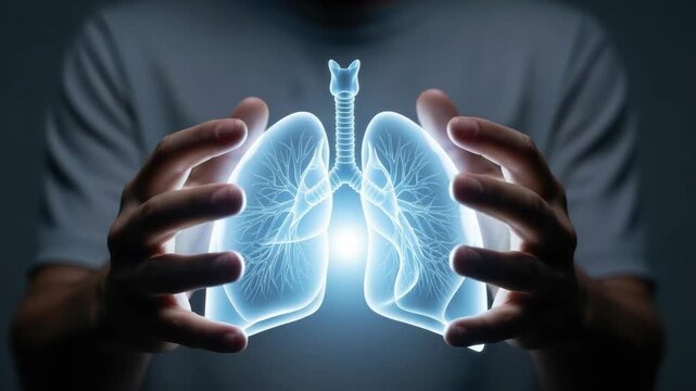 persons hands gently cup glowing translucent blue human respiratory system showcasing intricate internal structures A bright light radiates from the center symbolizing life and protection