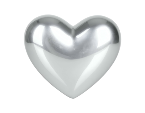 A polished silver heart with bright highlights on a black background