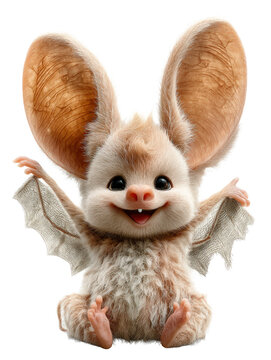 Adorable fluffy baby bat creature with large ears and spread wings, isolated on transparent background