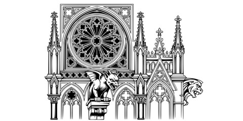 Intricate Gothic Architectural Elements Vector Set: Gargoyle, Rose Window, Arch, Column, Ornament, and Medieval Castle Details. Vintage Engraving Style Design.

