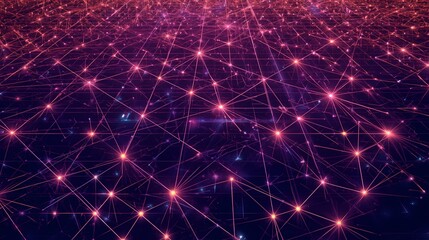Abstract network of glowing pink nodes and connecting lines on a dark purple background representing digital connections and data flow