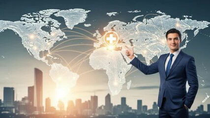 businessman in blue suit points to glowing digital world map showing global connections and prominent medical cross symbol over cityscape background signifying worldwide healthcare network - Powered by Adobe