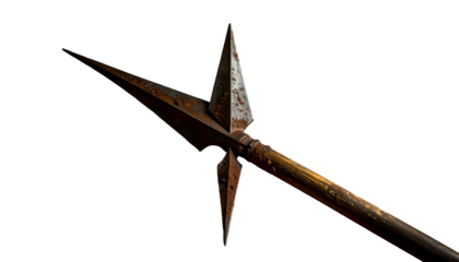 Rusty spear with four-pointed blade, wooden shaft, isolated