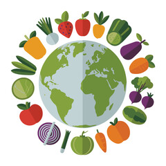 Flat Vector Poster of Earth with Fruits and Vegetables Around, Minimal Style, White Background