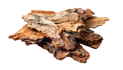 Pile of textured, brown and grey tree bark on black background