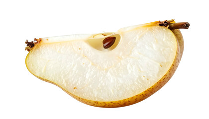 Slice of pear fruit with a seed, isolated on black background