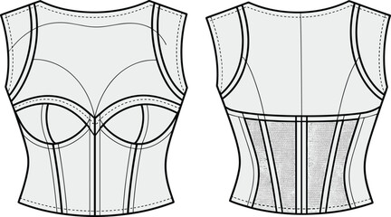 Corset top flat sketch, fashion technical drawing, cad vector design, bustier blouse template, women clothing flat, garment design illustration