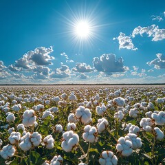 Endless cotton field landscape under bright sun and clear blue sky background   high resolution   for isolate image