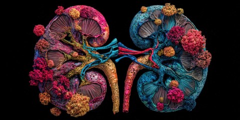 Detailed anatomical model of human kidneys showcasing internal structures, vibrant colors, and realistic biological details for healthcare, education, and medical training