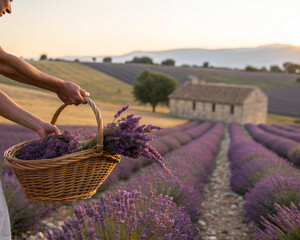 Hands holding a basket of fresh lavender in a vast field at sunset. Agritourism, farm stay experience, sensory travel, and slow living in the countryside concept.
