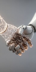 Futuristic robotic hand shaking with digital particles emphasizing innovation, advanced automation, high-tech machinery, and cutting-edge technology in modern industry