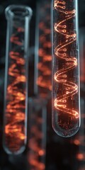 Futuristic laboratory with glowing DNA strands in test tubes, advanced scientific equipment for genetic research, biotechnology, and molecular biology