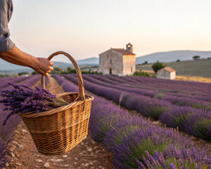 Hands holding a basket of fresh lavender in a vast field at sunset. Agritourism, farm stay experience, sensory travel, and slow living in the countryside concept.