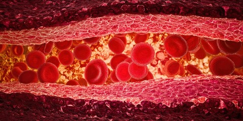 Detailed medical illustration of blood flowing through arteries highlighting cardiovascular health, blood vessels, circulation, and human anatomy for medical and healthcare professionals