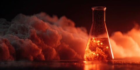 Detailed 140-150 character professional image of a chemistry laboratory with a glowing chemical flask, scientific equipment, research tools, and vibrant chemical reactions