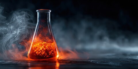 Vibrant chemistry laboratory scene with glass flask filled with glowing orange chemical solution, scientific equipment, and research environment for innovative experiments