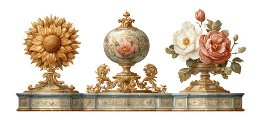 Ornate Baroque Floral Decor with Sunflower, Vase, and Rose Arrangement