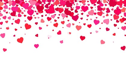 A vibrant illustration of falling red and pink heart shapes on white