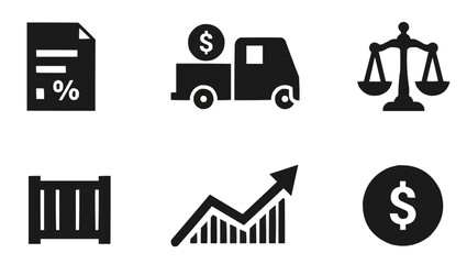 Business Finance Economy Vector Icons Set – Money Truck, Dollar Coin, Balance Scale, Growth Chart, Document, and Container Symbols