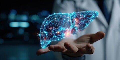 Futuristic digital hologram of a human liver showcasing advanced healthcare technology, innovative visualization, and modern medical science in a high-tech, captivating display