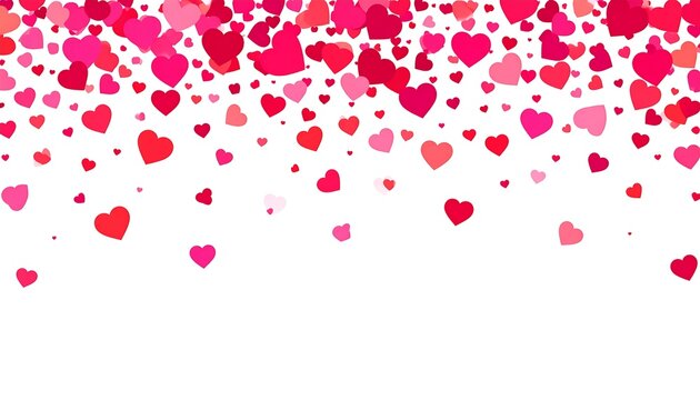 A vibrant illustration of falling red and pink heart shapes on white