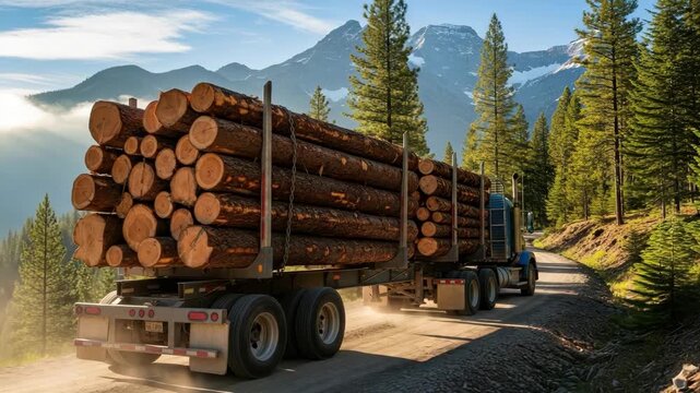 large logging truck heavily laden with neatly stacked timber kicks up dust on winding dirt road through dense forest Snow-capped mountains rise majestically under bright hazy sky