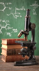 Antique Microscope And Old Books Against Chemistry Chalkboard