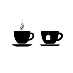 Obraz premium Two black tea cups sit side by side, one steaming and the other with a tea bag, representing a cozy and inviting moment of relaxation and warmth.