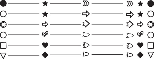 Bullet point icons vector set minimalistic arrows, dots, stars, hearts, and numbered markers in colorful circles for presentations, and infographics