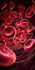 Fototapeta premium Detailed view of red blood cells in blood flow illustrating blood circulation, cellular structure, health, and hematology analysis for medical and scientific purposes