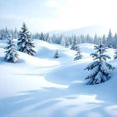 Naklejka premium Peaceful Winter Landscape with Rolling Snow-Covered Hills and Evergreen Trees Under Soft Blue Sky, Serene Seasonal Scene with Pristine White Snow and Gentle Sun Glow