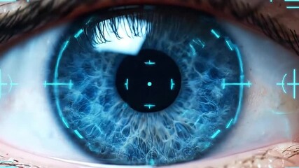 Macro Detailed Close Up of a Blue Eye with Intricate Iris Patterns and Clear Cornea Revealing Inner Workings with Holographic Overlay Medical Technology - Powered by Adobe