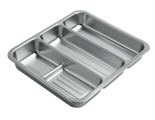 Angled close-up of a stainless steel silverware organizer with four divided sections