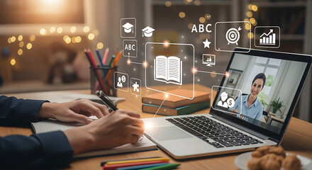 Engaging online learning session with tutor providing expert instruction and guidance, student taking notes at desk, ideal for education, remote work, and professional development promotions