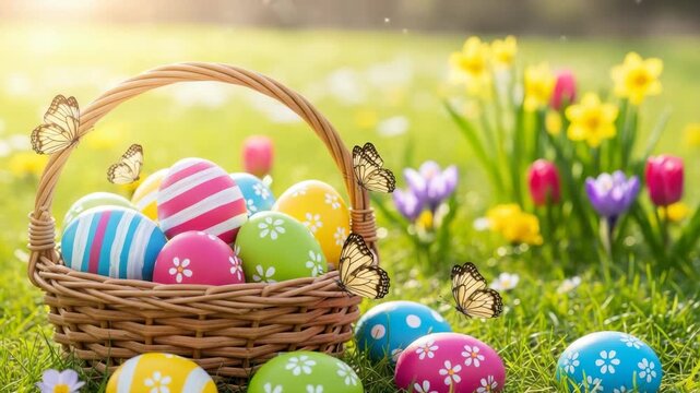 wicker basket overflows with vibrant patterned eggs amidst green grass and blooming spring flowers Butterflies flutter around joyful sunlit scene