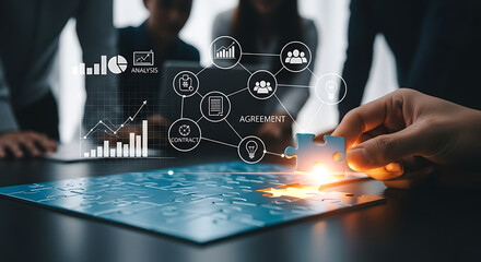 Strategic team completing business puzzle with agreement and analysis icons, symbolizing collaboration and problem-solving for innovative solutions and successful partnerships