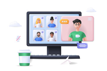 Desktop Computer Displaying Group Video Call on a Transparent Background with Clouds and Coffee Cup with a Green Stripe, Illustration Style