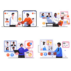 Diverse Business Professionals Video Conferencing Illustration Set on Transparent Background