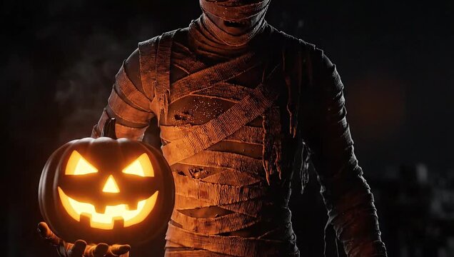 Mummy holding a glowing jack-o-lantern in a dark background with cinematic lighting.