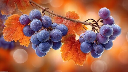 a bunch of purple grapes hanging from a branch with orange leaves