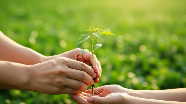 Two pairs of hands one passing vibrant green sapling with visible roots to another pair against softly blurred sunlit green field This depicts nurturing new life and future growth