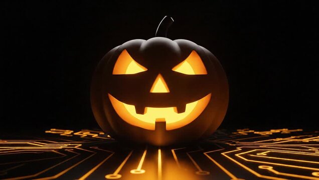 Glowing jack-o-lantern on a dark background with orange circuit board pattern for Halloween