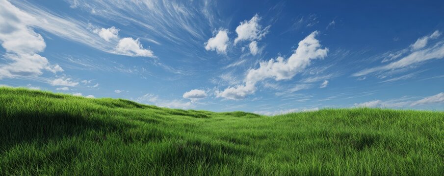 Lush green rolling hills with shadows under a blue sky with clouds