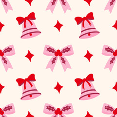 Pink Bell with Red Tied Bow and bows holly leaves, Christmas Ornament Seamless Pattern. Romantic Holiday repeat vector illustration.