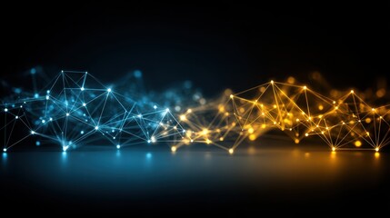 Abstract Network of Glowing Fiber Optic Strands Against a Dark Background