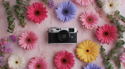 Retro Camera with Assorted Gerbera Daisies on Pink Marble Background